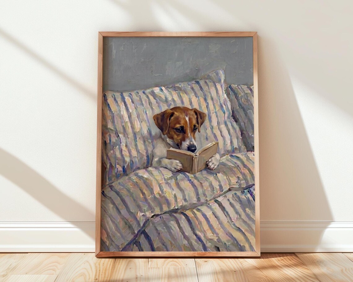 Jack Russell In Bed Art Print, Dog Reading Book