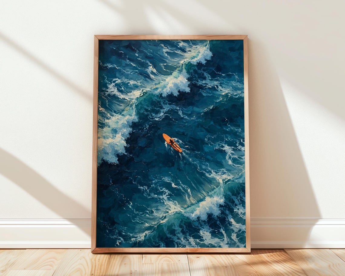Lone Surfer Big Blue Waves Aerial Ocean Wave Oil Painting Print