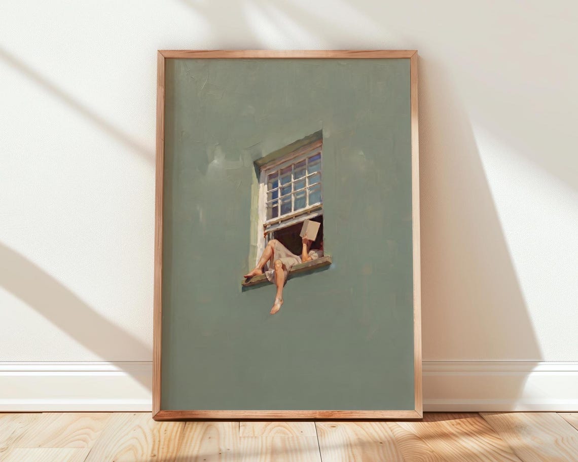 Woman Reading Book In Window Sage Green Minimalist Reader Poster