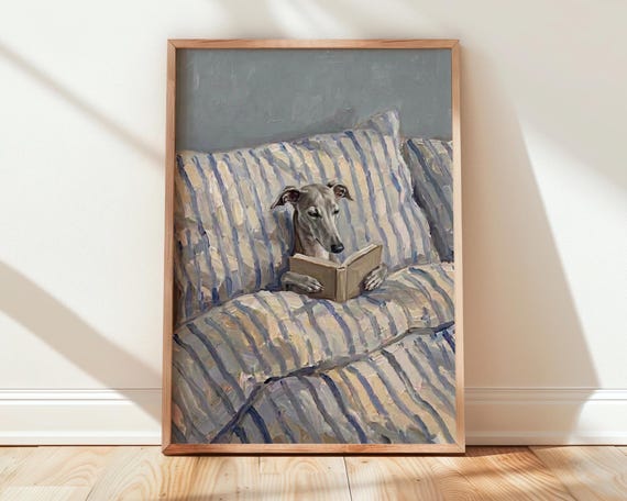 Greyhound In Bed Poster Dog Reading Book Wall Art