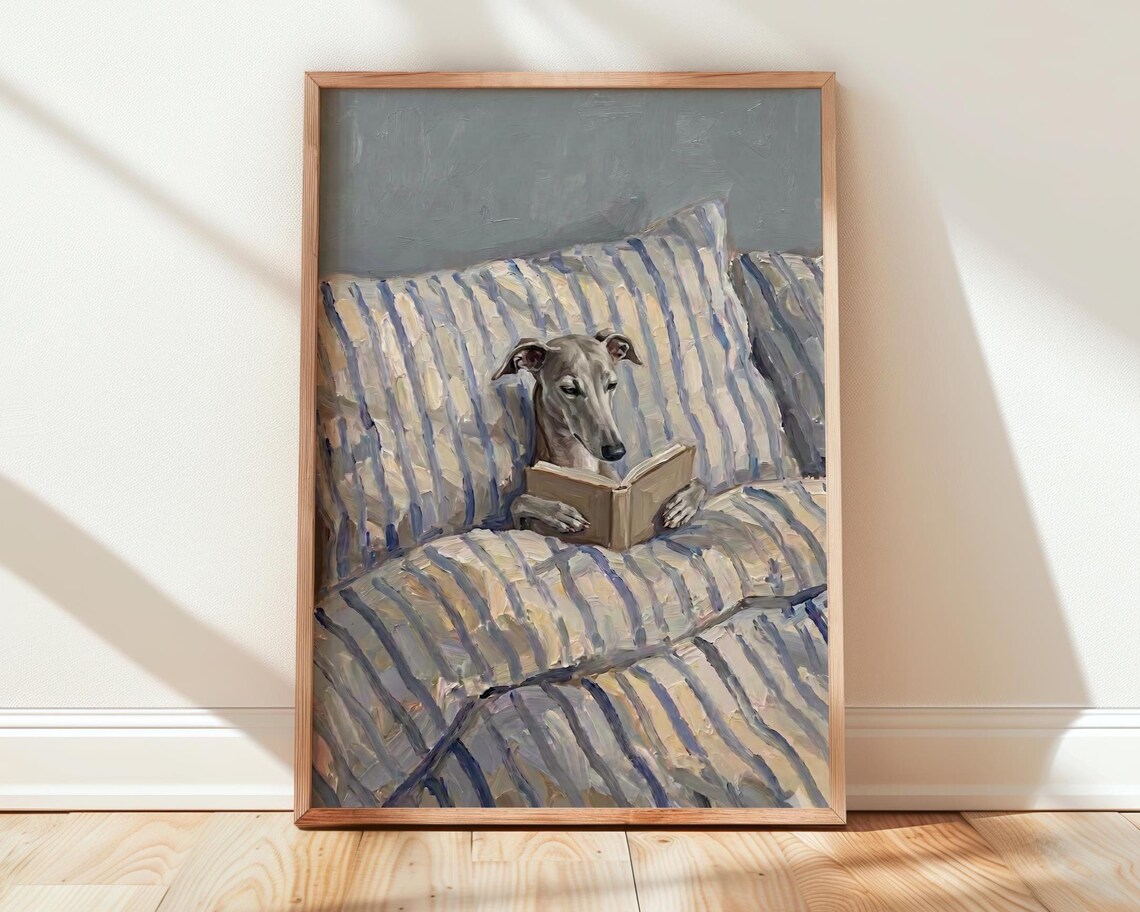 Greyhound Reading in Bed Poster Cozy Oil Painting Bookish Dog Bedroom Art