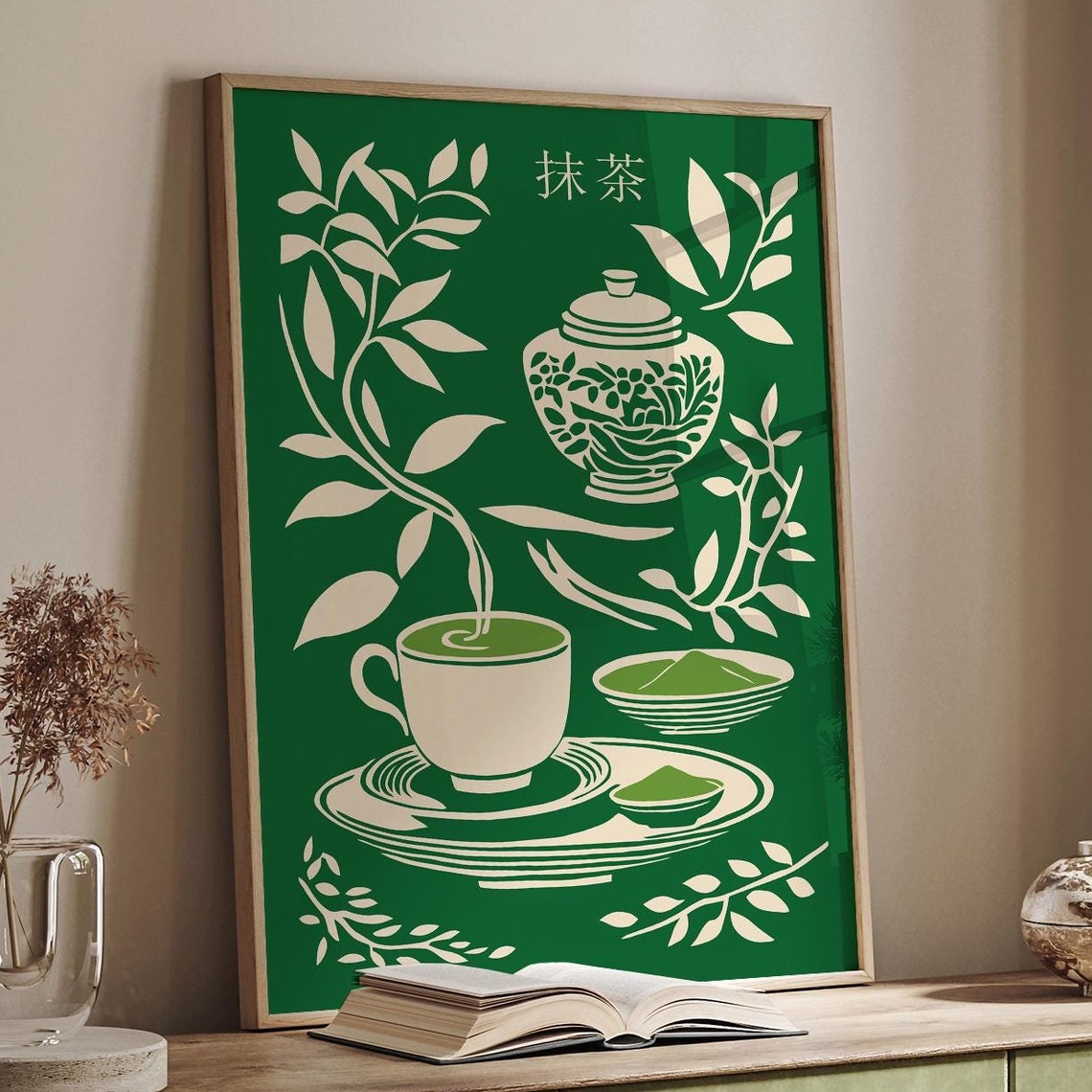 Japanese Matcha Tea Ceremony Set Green Botanical Zen Decor Art Poster