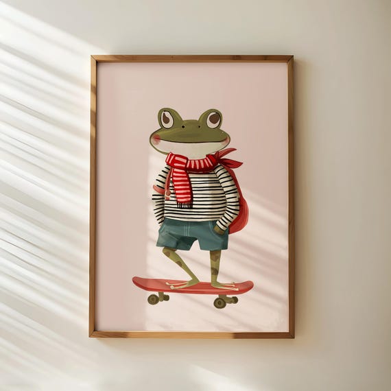 Skateboarding Frog Nursery Wall Art Gender Neutral Playroom Decor Animal Toddler Room Poster Childrens