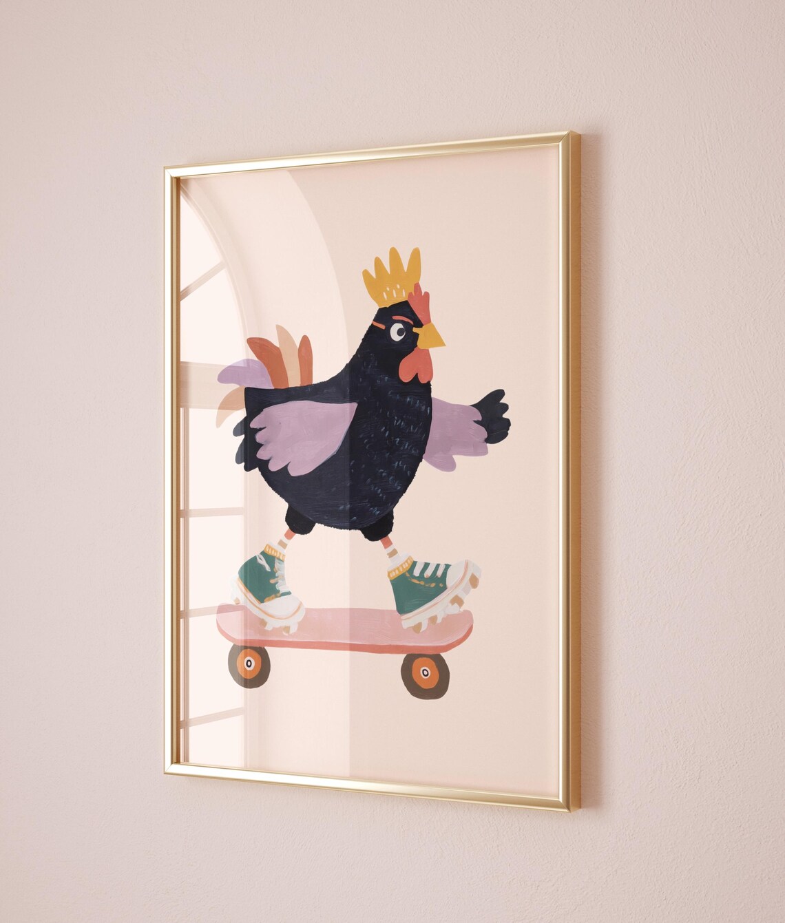 Skateboarding Rooster In Sneakers Funny Colorful Nursery Wall Art