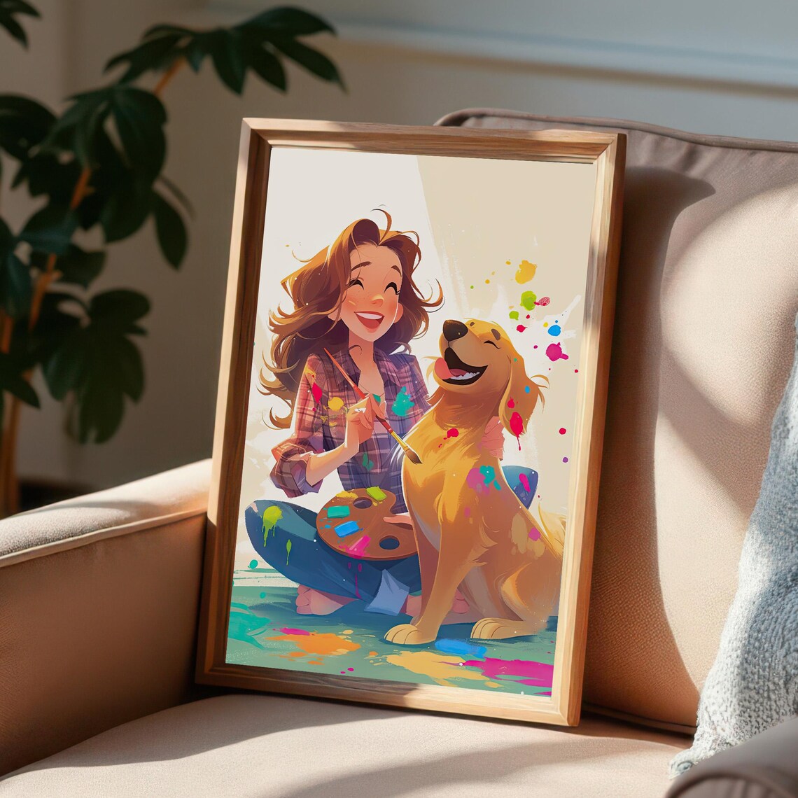 Joyful Woman Painting With Her Happy Golden Retriever Poster