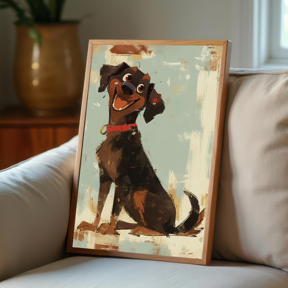 Grinning Cartoon Puppy With Red Collar Happy Portrait Poster