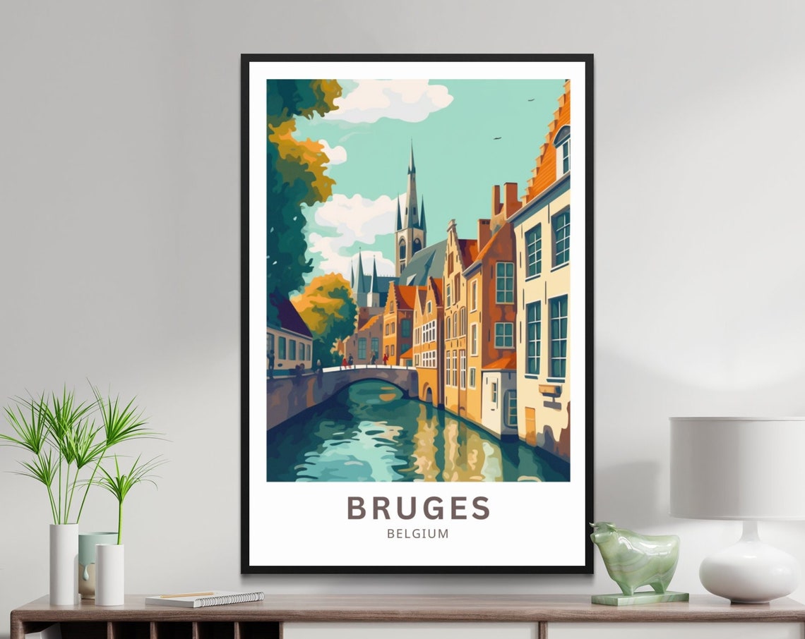 Bruges Belgium Historic Canal Old Town Bridge Vintage Travel Poster