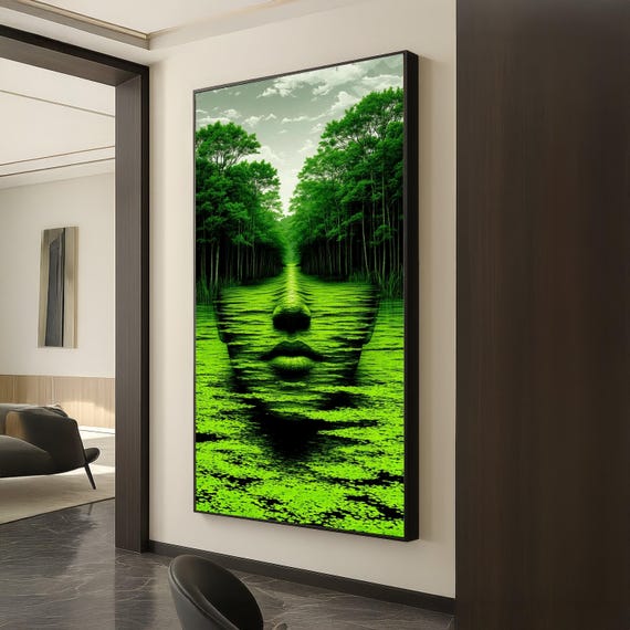 Surreal Nature Face Illusion Canvas Green Forest Reflection Wall Art Abstract Landscape Modern Home Decor Ready To Hang Artwork