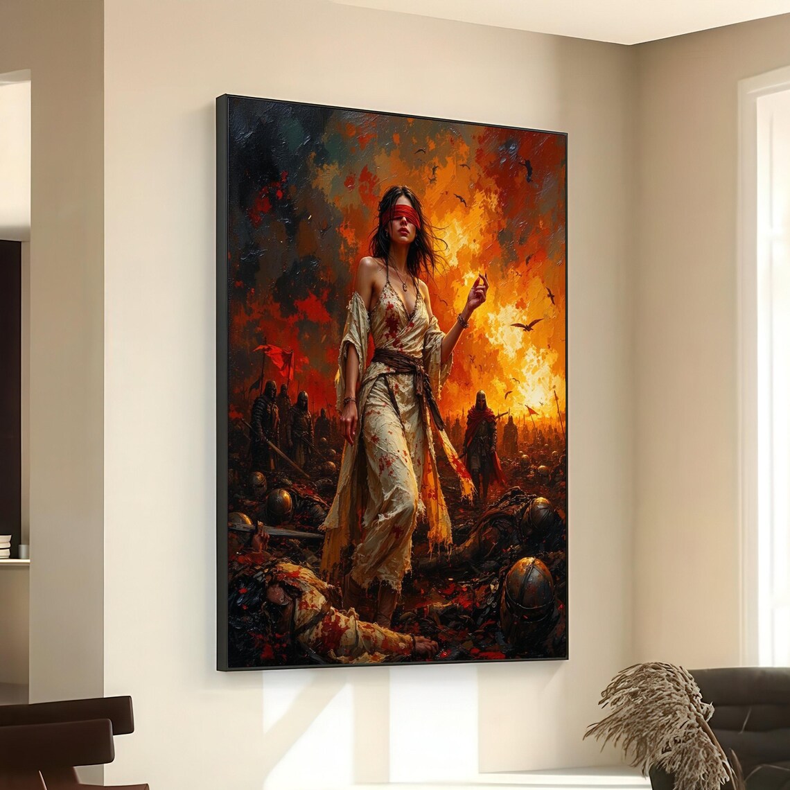 Blindfolded Warrior Woman Battlefield Fire Aftermath Epic Fantasy Art Poster