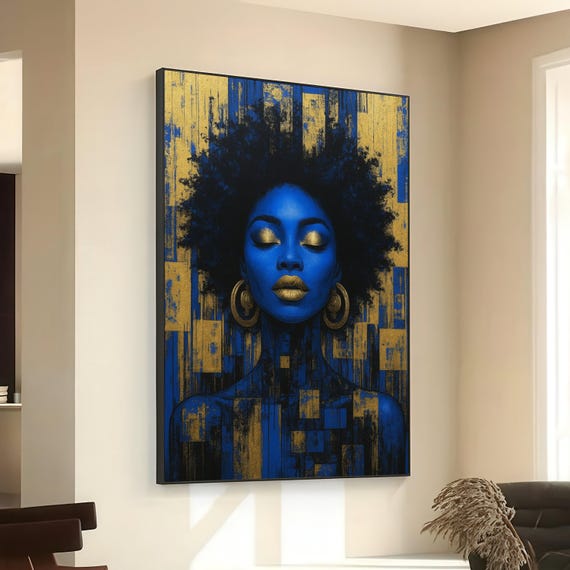 Elegant Blue And Gold Portrait Canvas Abstract Afro Woman Wall Art Modern Makeup Contemporary Face Decoration