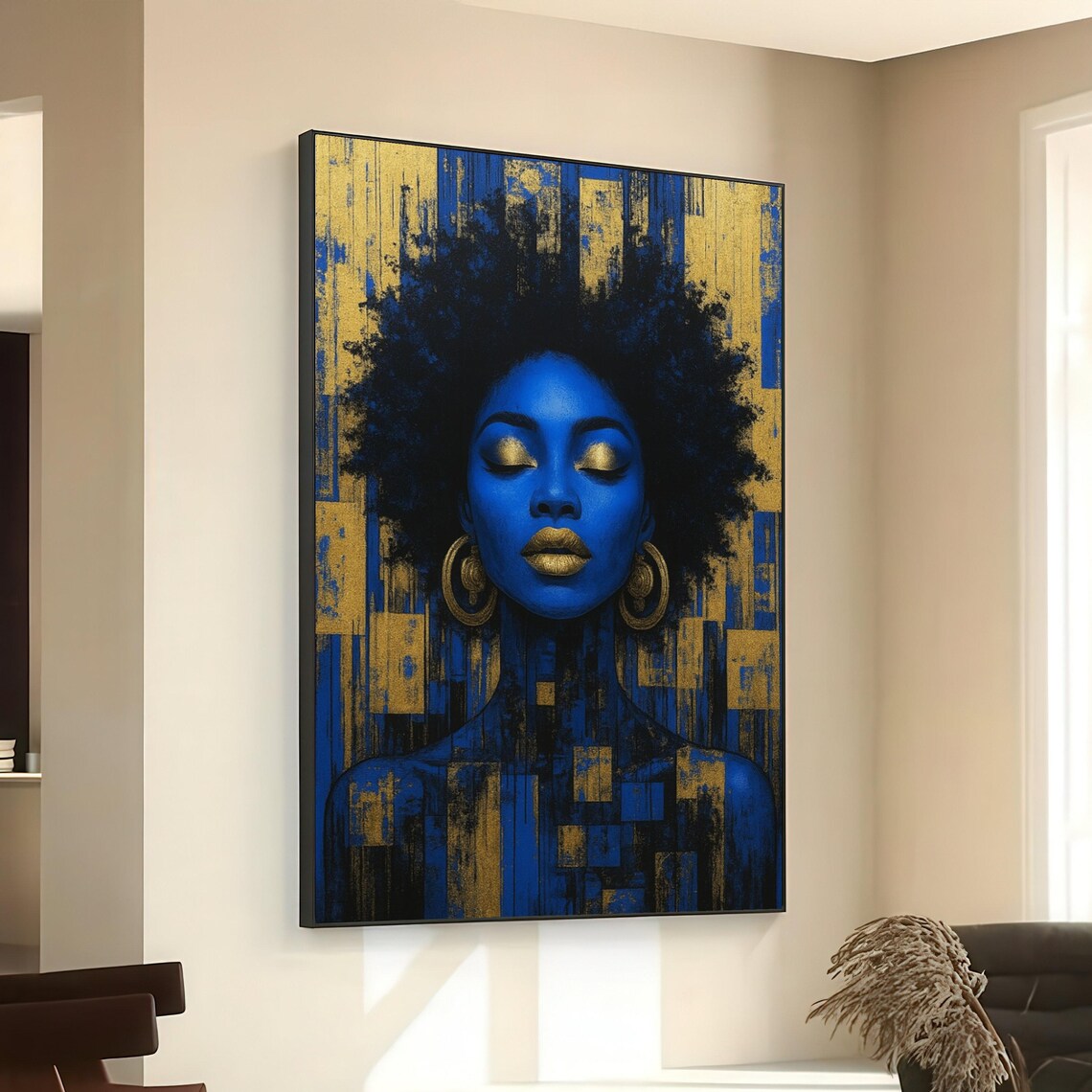 Blue Afro Woman Gold Eyeshadow Regal Abstract Portrait Art Poster
