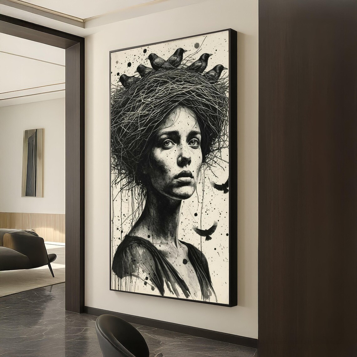 Woman Crow Nest Headpiece Black Ink Surreal Bird Art Portrait Poster