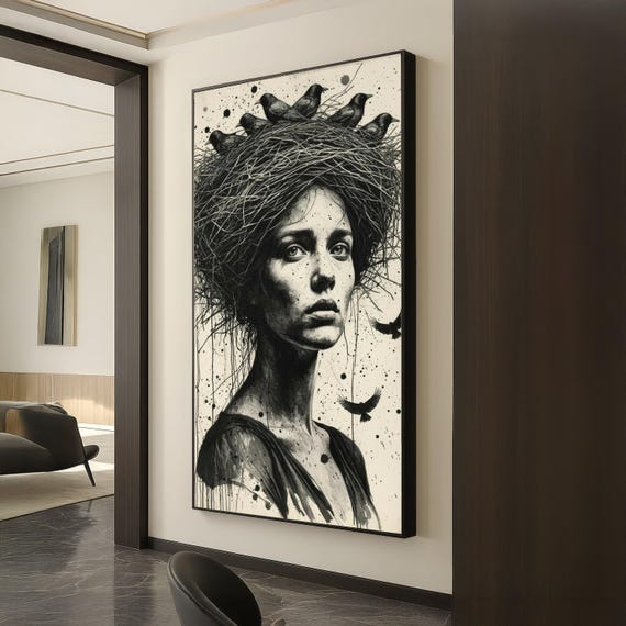 Monochrome Woman Portrait With Crow Nest Headpiece Surreal Black Ink Art Canvas Gothic Wall Dark Elegance Decoration Modern Home