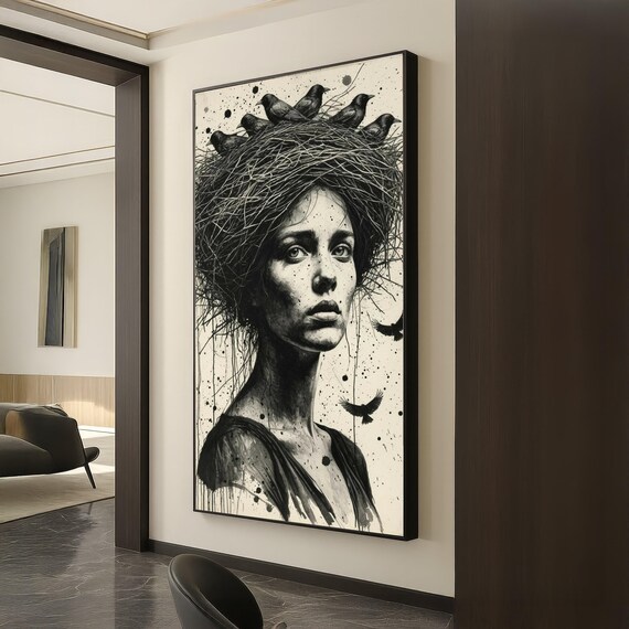 Woman Crow Nest Headpiece Black Ink Surreal Bird Art Portrait Poster