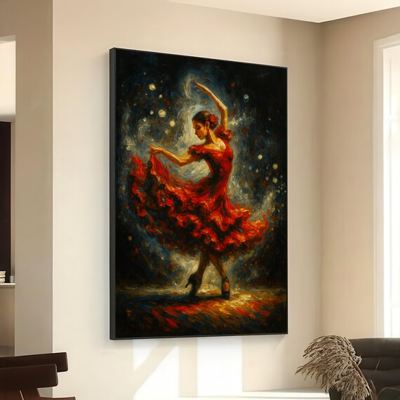 Flamenco Dancer In Flowing Red Dress Elegant Ballet Canvas Wall Art Expressionist Dance Painting Vibrant Movement Home Decor Ready To