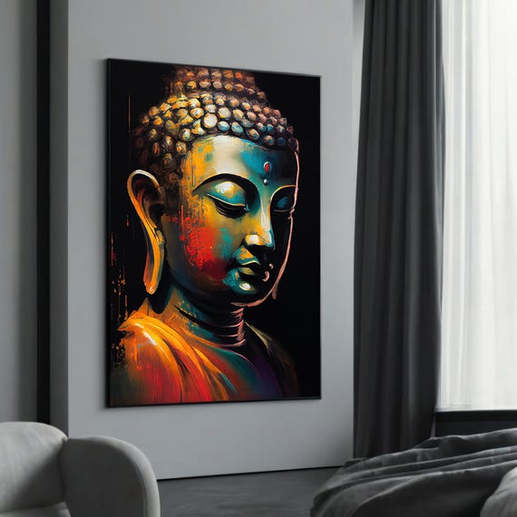 Colorful Buddha Portrait Canvas Art Vibrant Zen Wall Decor Modern Spiritual Painting Meditative Home Ready To Hang