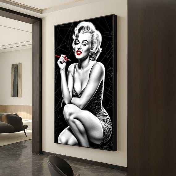 Retro Glamour Portrait Canvas Black And White Pop Art Vintage Pinup Style Wall Red Accent Lipstick Design Home Decor