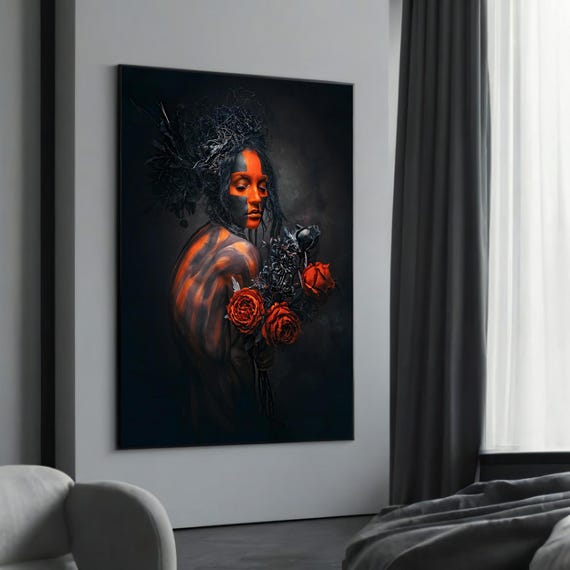 Dark Ethereal Woman With Red Roses Canvas Painting Mysterious Abstract Wall Art Bold And Unique Home Decor Idea