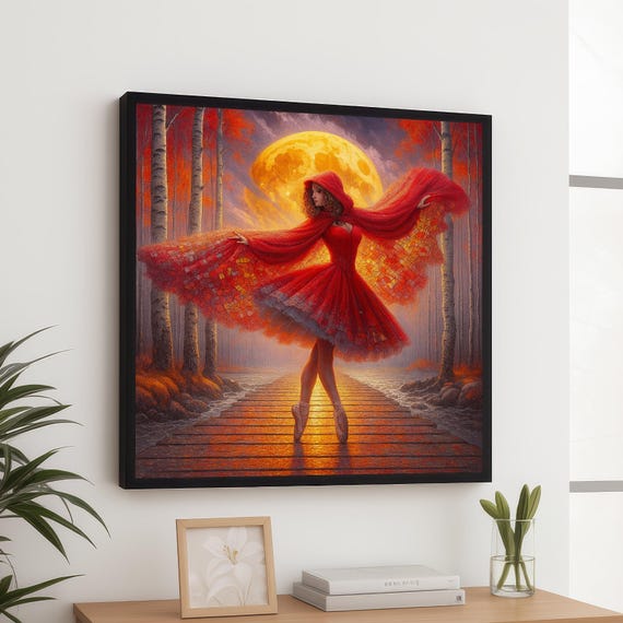 Enchanted Ballet Dancer In Red Full Moon Canvas Wall Art Fantasy Forest Scene Elegant Dance Pose Magical Nature Decoration