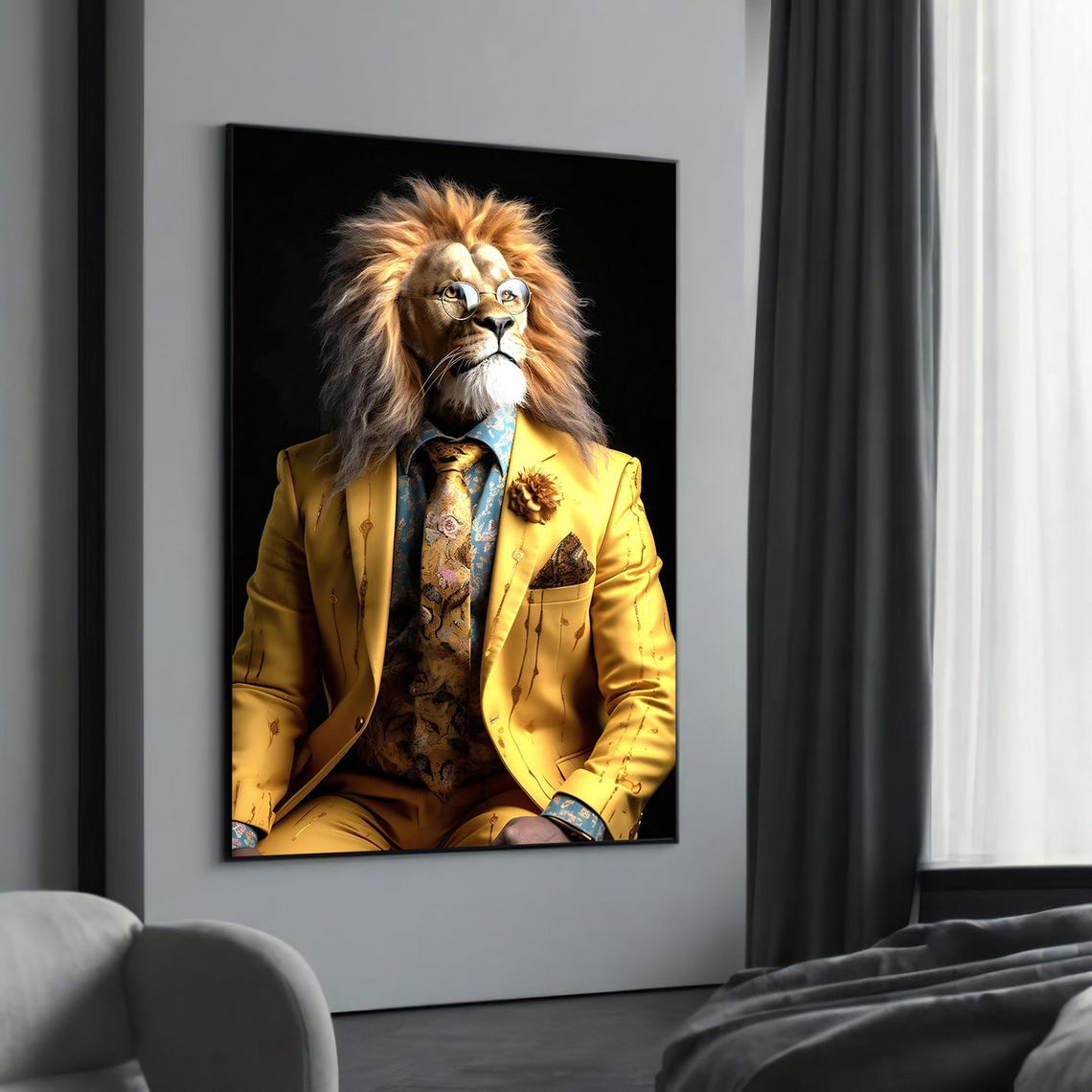Elegant Lion In Yellow Suit Canvas Painting A Striking Gift For Art Enthusiasts