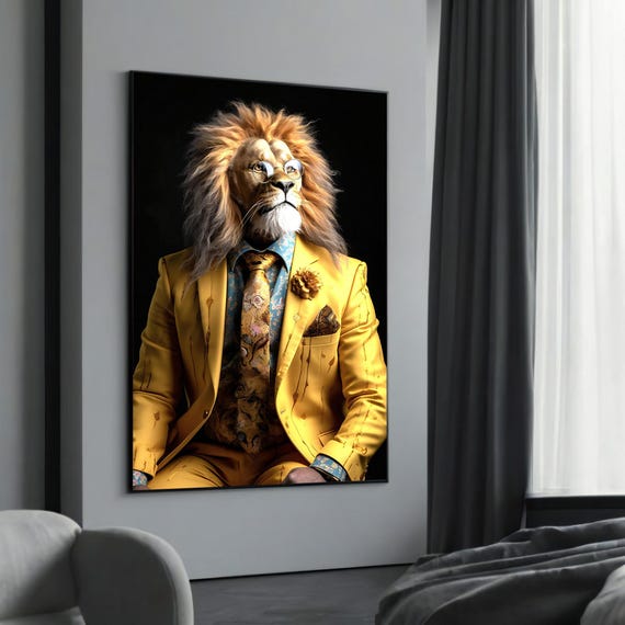 Elegant Lion In Yellow Suit Canvas Painting A Striking Gift For Art Enthusiasts
