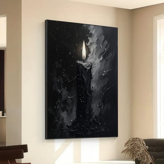 Single Lit Candle Canvas Wall Art Dark Moody Home Decor Black And White Painting Minimalist Candlelight Ready To Hang Decoration