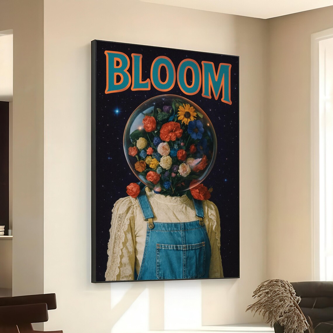Bloom Astronaut Flower Helmet Denim Overalls Starry Night Retro Poster