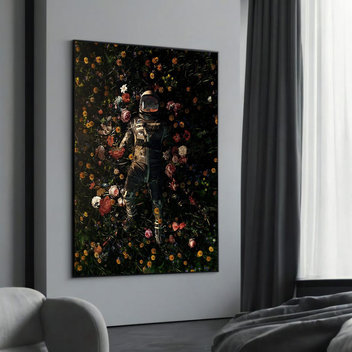 Astronaut In A Garden Of Flowers Dreamy Space Fantasy Wall Art