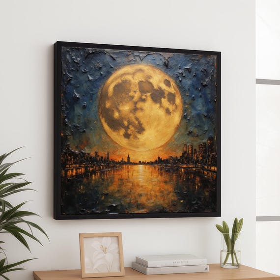 Majestic Full Moon Over City Skyline Canvas Nightscape Wall Art Urban Reflection Golden Moonlight Home Decor Ready To Hang