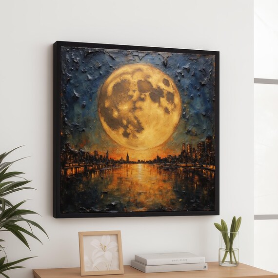 Majestic Full Moon Over City Skyline Night Reflection Wall Art