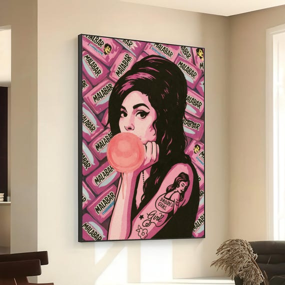 Retro Pop Art Woman Blowing Bubblegum Canvas Pink Malabar Candy Background Tattooed Girl Wall Vintage Style Home Decor Funky