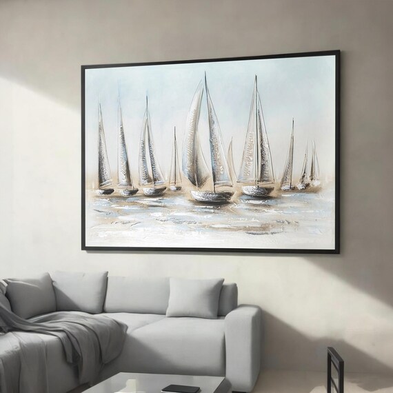 Minimalist Fleet of Sailboats in Silver and White Coastal Art Poster