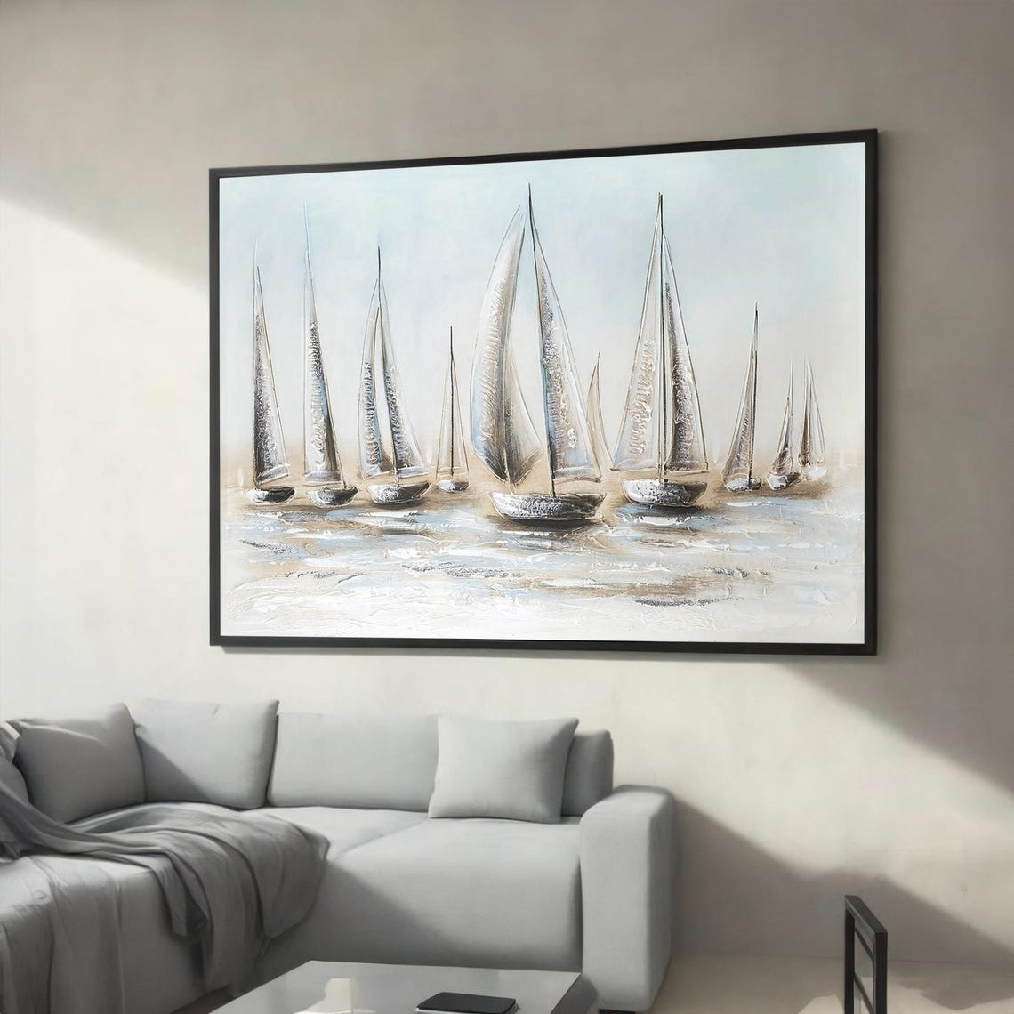 Minimalist Fleet of Sailboats in Silver and White Coastal Art Poster