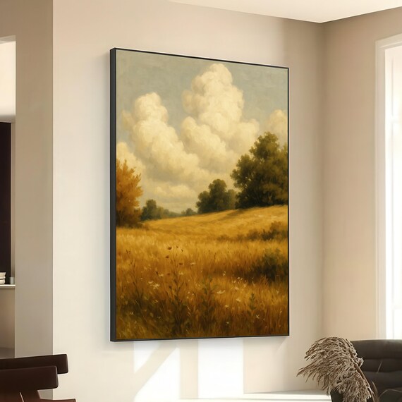Golden Wheat Field Meadow Autumn Landscape Cloudy Sky Painting Poster