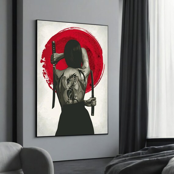 Samurai Woman With Dragon Tattoo And Red Sun Bold Striking Canvas Painting Unique Gift For Modern Artistic Home Decor
