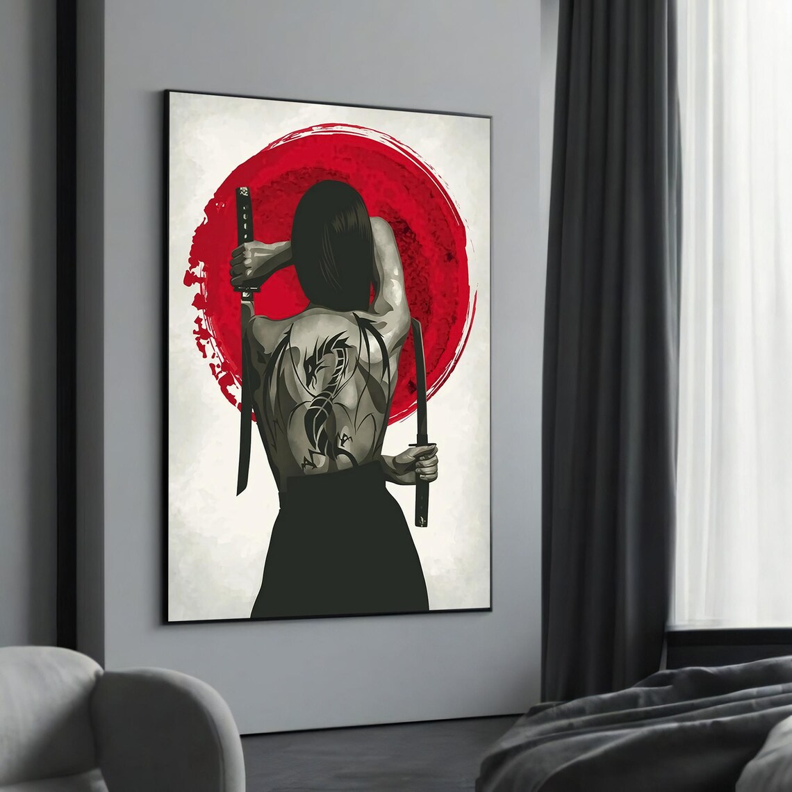 Tattooed Samurai Woman With Red Sun Dragon Ink And Dual Swords Poster