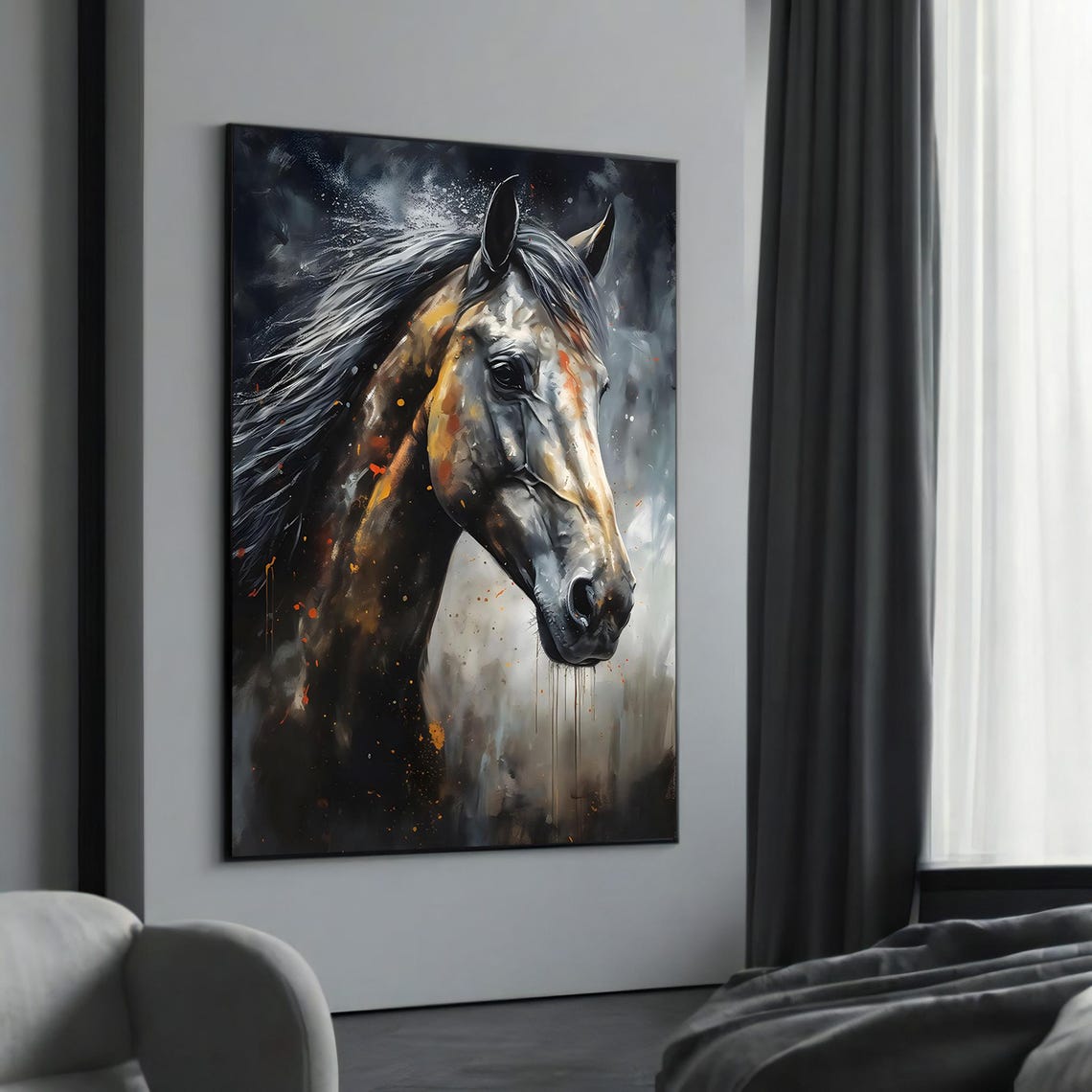 Dynamic Horse Portrait in Orange and Black Paint Splash Poster