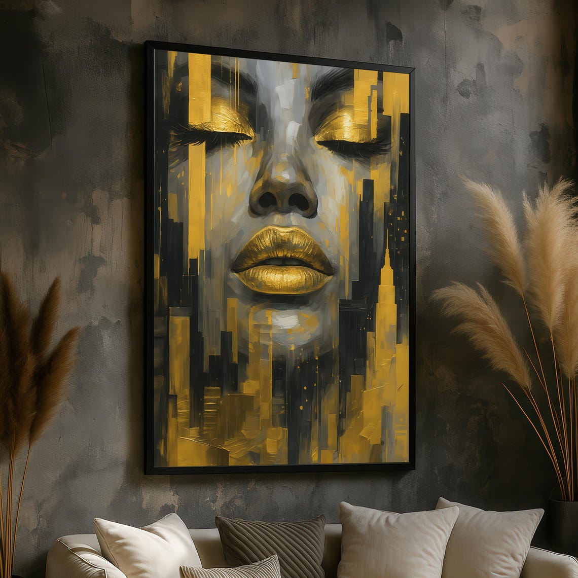 Golden Woman Face With Gold Lips And Cityscape Abstract Poster