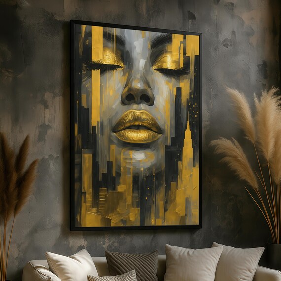 Golden Woman Face With Gold Lips And Cityscape Abstract Poster