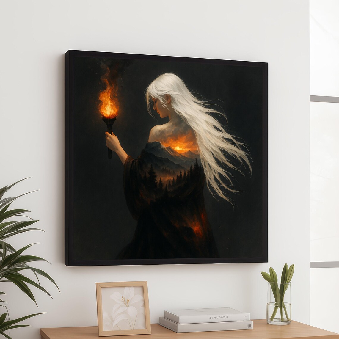 Woman With Torch White Hair Fiery Mountain Sunset Canvas Wall Art