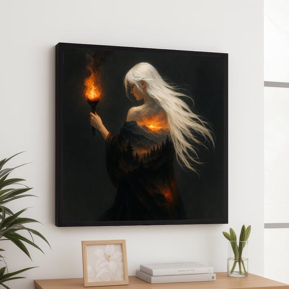 Mystical Woman With Torch Fiery Mountain Landscape Canvas White Hair Portrait Wall Art Fantasy Nature Scene Dramatic Home Decoration