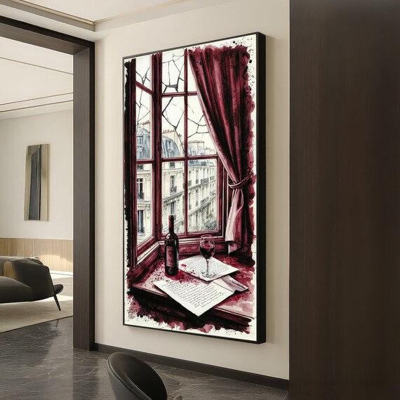 Paris Window Wine Letters Eiffel Tower View Watercolor City Poster