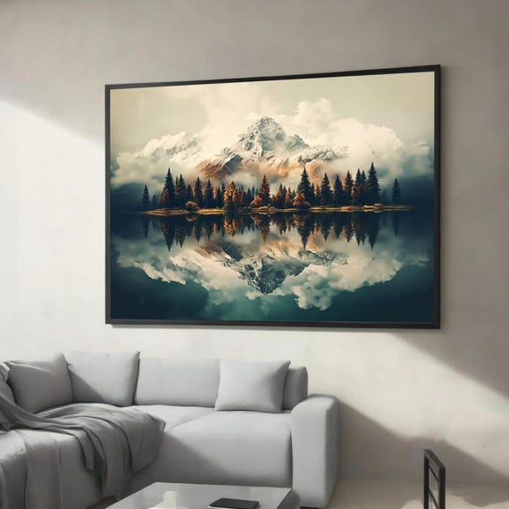 Mountain Reflections On Calm Lake Tranquil Nature Canvas Painting And A Peaceful Gift For Enthusiasts Landscape Lovers