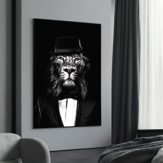 Monochrome Lion In Tuxedo Canvas Painting An Elegant Gift For Lovers Of Classic Portraits