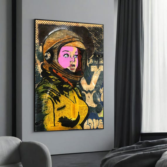 Female Astronaut Graffiti Canvas Painting Bold Urban Art With Futuristic Twist For Space And Street Lovers