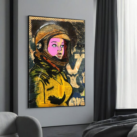 Female Astronaut Pop Art Pink Face Newspaper Collage Art Poster