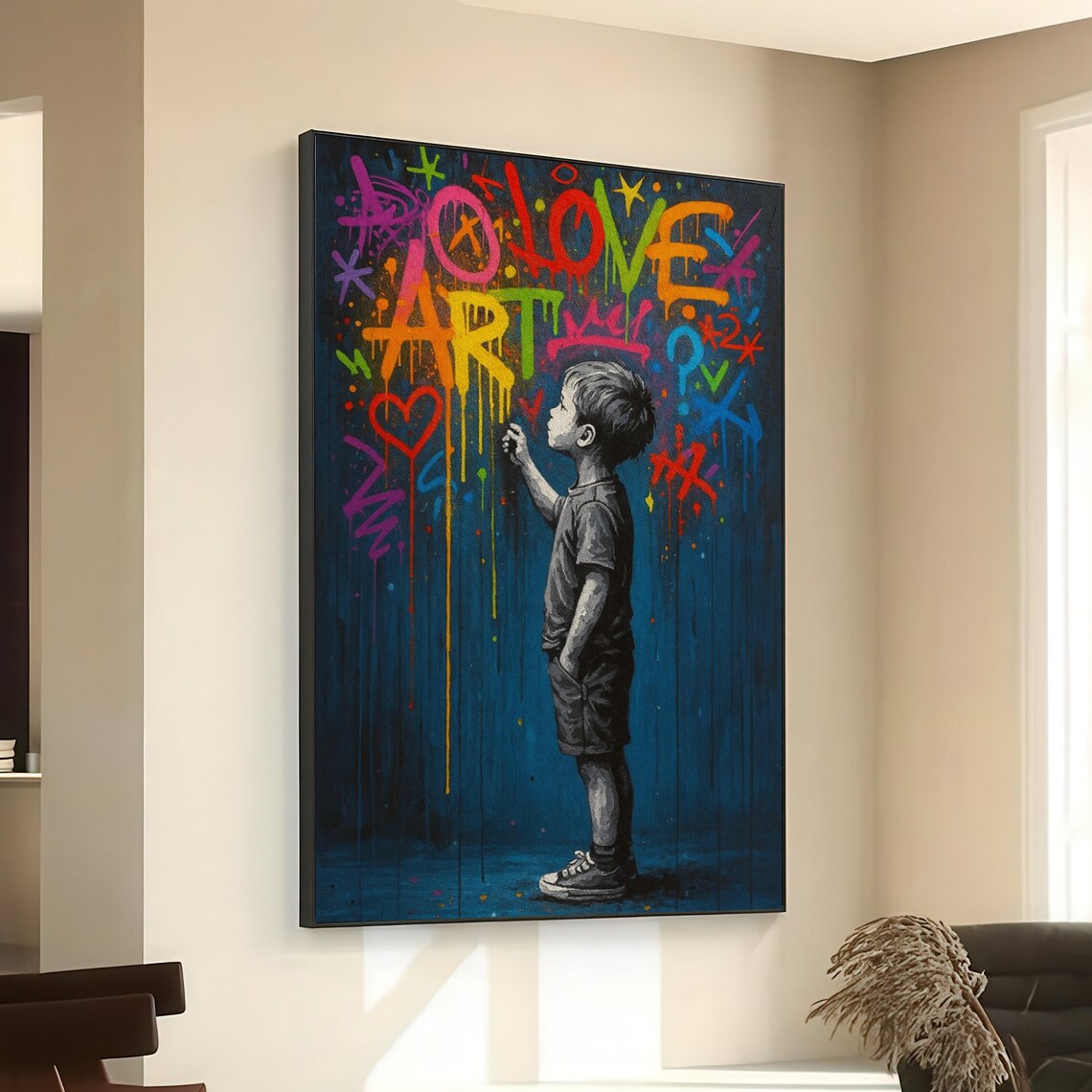 Child Painting Colorful Love Graffiti Drips Modern Street Wall Art