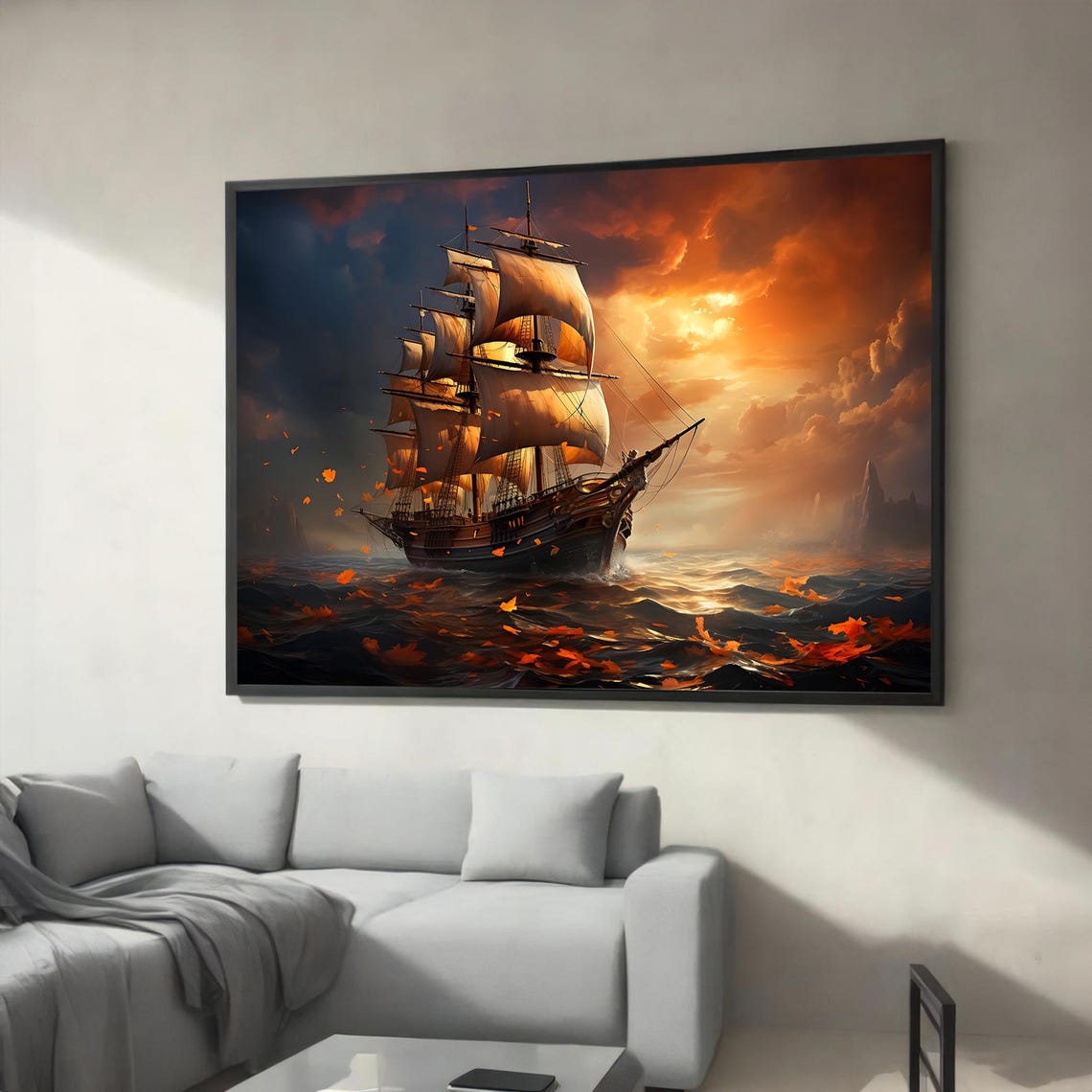 Tall Sailing Ship on Fiery Sunset Ocean Waves Nautical Art Poster