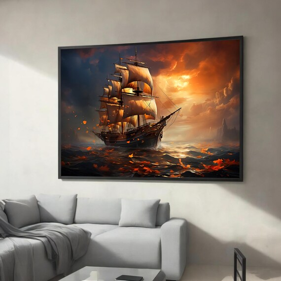 Tall Sailing Ship on Fiery Sunset Ocean Waves Nautical Art Poster