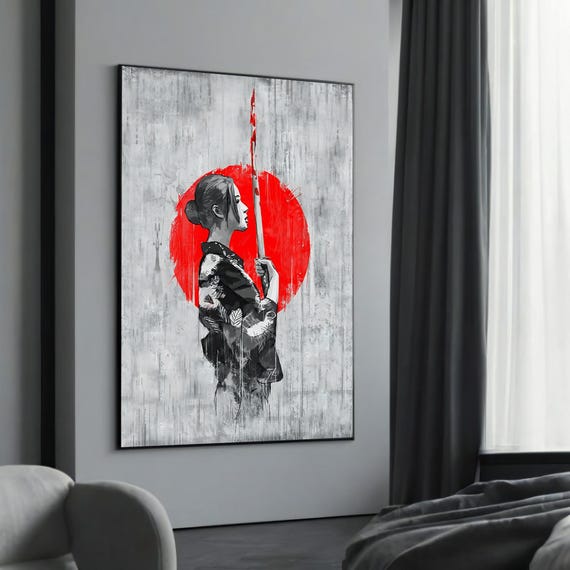 Samurai Ethnic Woman In Kimono With Sword Striking Red And Gray Canvas Painting Elegant Modern Gift For Wall Decor